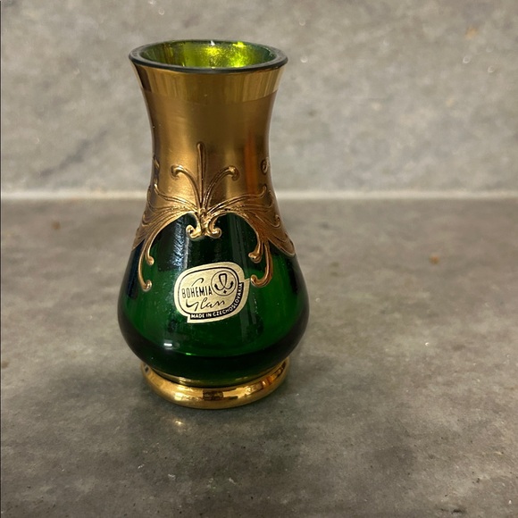 Bohemian Vintage Cobalt blue miniature glass vase, 24k gold enamel green - Picture 2 of 6